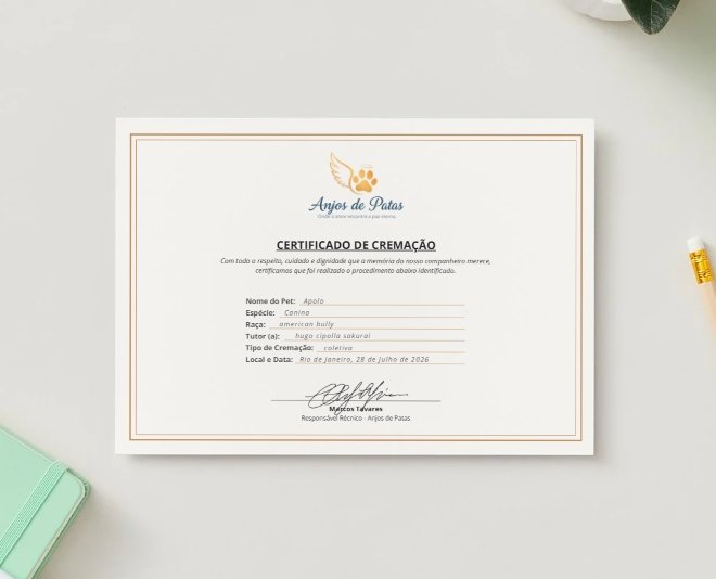 Mockup do certificado de cremação da Anjos de Patas, segurado por uma pessoa em ambiente acolhedor